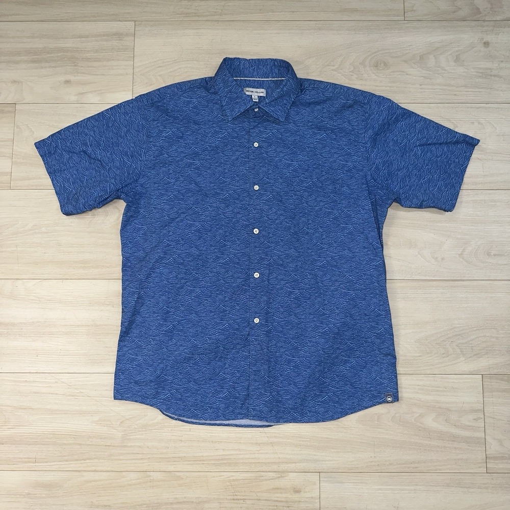 Peter Millar Polo Shirt Mens Large L Blue Waves All Over Print Stretch Preppy